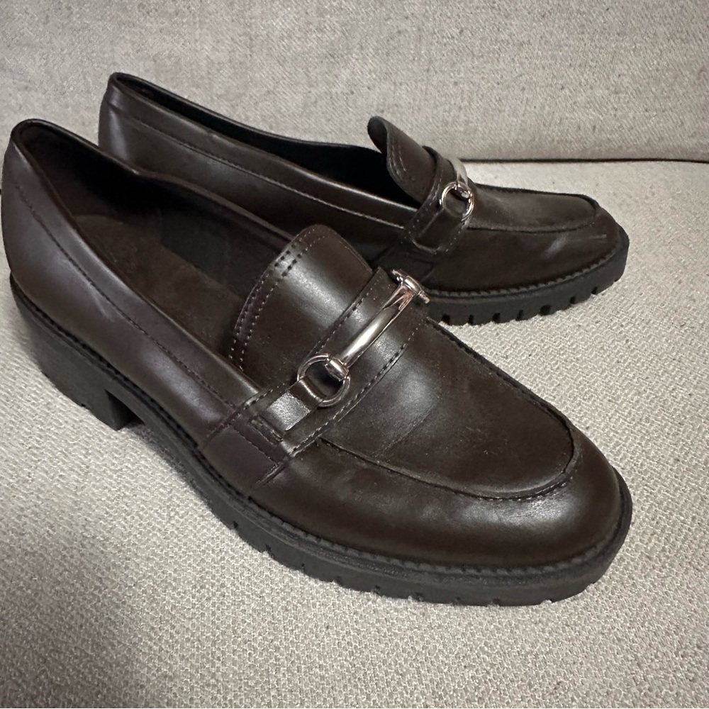 Marc Fisher Dancel Dark Brown Heeled Leather Loafers Lug Sole and Silver Accent - Picture 3 of 7